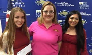 Lemoore Middle College High School students Alondra Gonzalez and Adeline Rodriguez, pictured with Mary-Catherine Paden (center) earned scholarships from "Ruiz 4 Students" program.